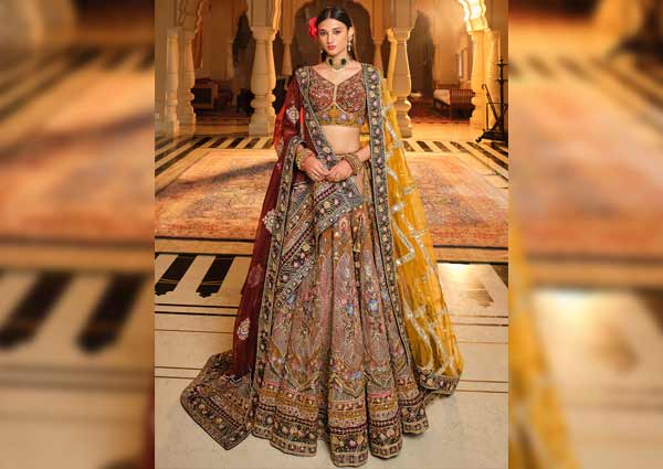 maroon and ochre lehenga