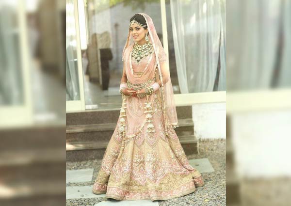 pastel peach and gold lehenga